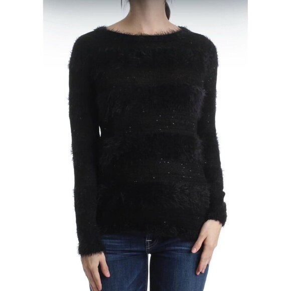LOFT Women’s PXS Black Wool Blend Long Sleeve Sweater Fuzzy Stripes Pullover - Picture 2 of 11